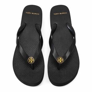 Tory Burch Black Flip Flops with Gold Logo Medallion